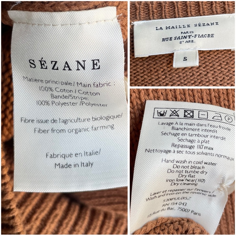 SEZANE Tan Brown Organic Cotton Button Balloon Sleeve Sweater Leontine Jumper - Picture 12 of 13